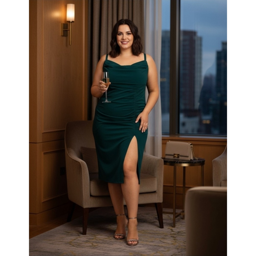 Emerald Sundae WOMEN Hunter Green Cocktail Party Cowl Midi Ruched Dress Sz 14